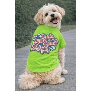 Dude Where's My Bone Lime Green Graphic Pet T-Shirt Retro Glitter Dog Tee NEW